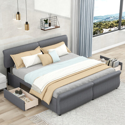 #ad Modern Queen King Size Bed Frames with 2 Drawers Upholstered Platform Bed Frames $429.99