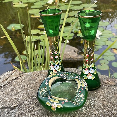 #ad RARE Bohemian Emerald Green Gold Enameled Glass Vase Holy Water Font ❤️blt39j4 $195.00