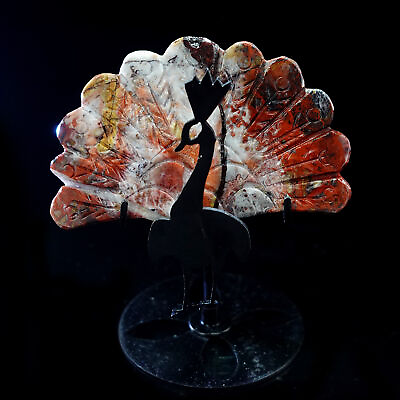 #ad 3.3quot; Natural Crystal Red Lace Agate Peacock Wings Skull Statue Iron Holder $46.29