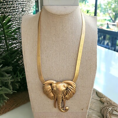 #ad Vintage Elephant Head Large Gold Tone Metal Pendant Herringbone Chain Necklace $39.00