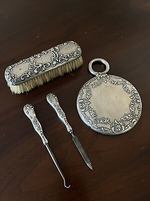#ad Antique Sterling Silver Vanity set Mirror Brush button hook file british $154.85