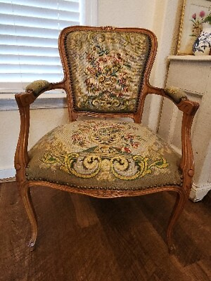 #ad French Provincial Antique Arm Chair Floral Needlepoint Can Ship $595.00