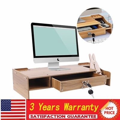 #ad Wood Monitor Riser with Drawer Computer Laptop PC Stand for Desk Organizer New $27.00