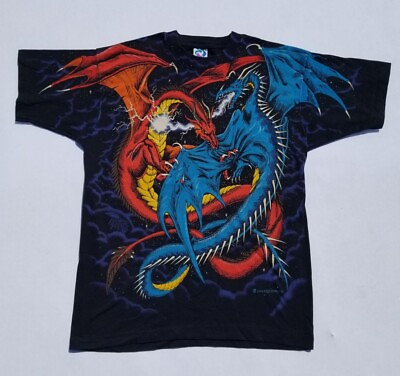 #ad Vintage 1994 Liquid Blue Dueling Dragon AOP Double Sided Lightning Single Stitch $120.00