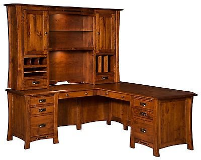 #ad Amish Arts and Crafts Executive Corner Computer Desk Hutch Solid Wood Inlays $6399.00