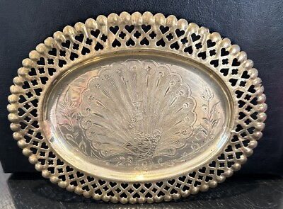 #ad Vintage Brass Etched Oval Tray Peacock Motif With Filigree Edge 10 x 8 $21.00