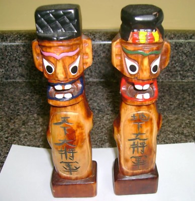 #ad 2 VINTAGE ASIAN ? TOTEM POLES HAND CARVED PAINTED 7” $19.99