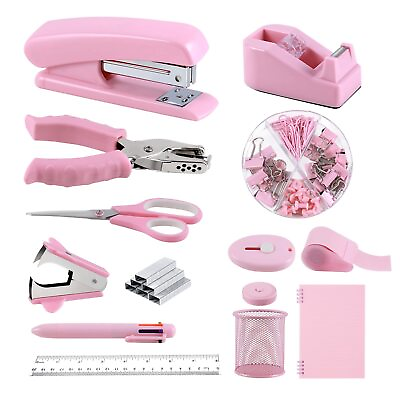 #ad Pink Office Supplies Kit 14 Piece Desk Accessory Kit Stapler and Tape Dispen... $36.48