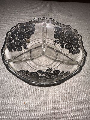 #ad Fostoria Baroque Silver Trim 3 Sectioned Glass Bowl Floral Overlay $12.50