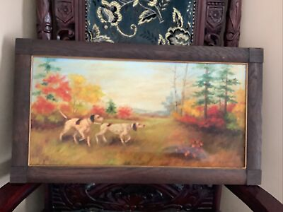 #ad Vintage Hunting Dogs In Woods Framed Painting on Canvas Signed B. Lazenby 32x18 $299.95