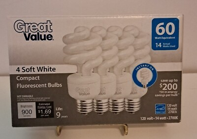 #ad Soft White 120 Volt screw in 14w 60 Equivalent Fluorescent Light Bulb 4 Pack $8.00