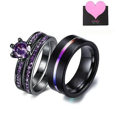 #ad 2pcs His and Her Couple Rings Purple CZ Promise Wedding Engagement Band Ring Set $12.99