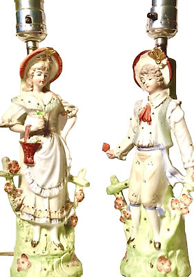 #ad Vintage Courting Couple Victorian Bisque Porcelain Figural Table Lamp Pair 13” $58.00