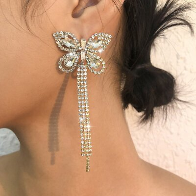 #ad 925 Silver Full Crystal Butterfly Tassel Stud Earrings Drop Dangle Women Jewelry C $4.97