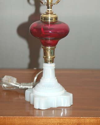 #ad Red CRANBERRY MILK Glass HURRICANE Lamp Brass White Oil Conversion Fenton Lg $84.99