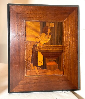 #ad antique inlaid marquetry girl at the fountain scene wood wall sculpture art $119.09