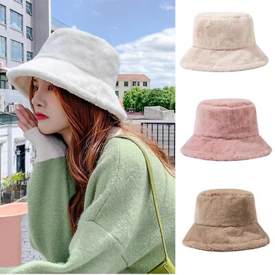 #ad Women Winter Fluffy Plush Bucket Hat Ladies Solid Warm Faux Fur Fisherman Cap $5.70