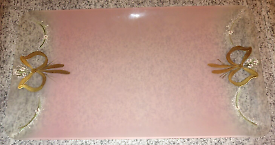 #ad VTG PINK FROST GLASS VANITY BOUDOIR TRAY HAND PAINTED GOLD RIBBON FLORAL 40s 18quot; $74.99