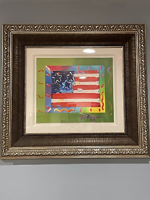 #ad Peter Max Mixed Media Painting FLAG WITH HEARTS $2200.00