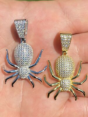 #ad Mens Real 925 Sterling Silver Spider Pendant Iced Gold Plated Hip Hop 1quot; CZ $39.31