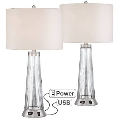 #ad Modern Table Lamps Set of 2 with USB Outlet Ribbed Glass for Living Room Bedroom $299.98