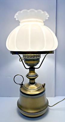 #ad MILK GLASS SHADE OIL KEROSENE LAMP STYLE BRASS METAL TABLE LAMP 16” Works $44.99