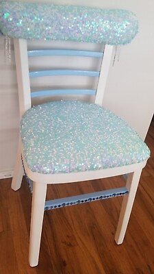 #ad Hand Decorated Chair Blue Fabric Seat and Back Recycled Repurposed Furniture $120.00