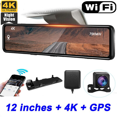 #ad 4K 12quot; Dual Dash Cam Car Rear View Mirror WIFI GPS Camera Video Recorder Night $101.98