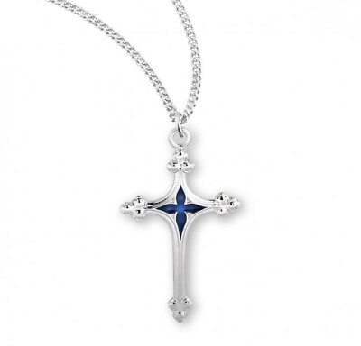 #ad Cross Blue Enameled Center Sterling Silver 1.5 Inch x 0.9 Inch Pendant Necklace $87.88