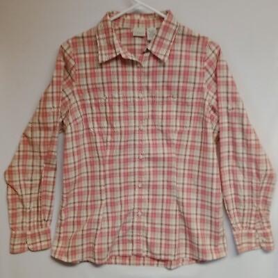 #ad LL Bean Button Up Shirt Women#x27;s Medium Pink Plaid Long Roll Tab Sleeve Collared $13.99
