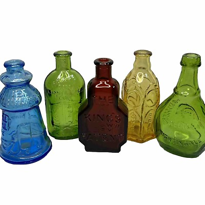 #ad Lot Of 5 Vintage Wheaton Miniature Glass Bottles Bottle Mini Blue Green Amber $75.00
