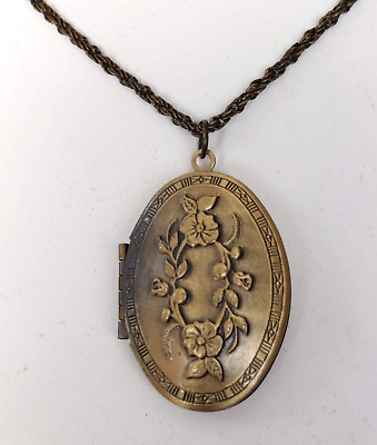#ad Antique Victorian Brass Double Sided 2 Photo Locket Pendant Estate Forgive love $125.00