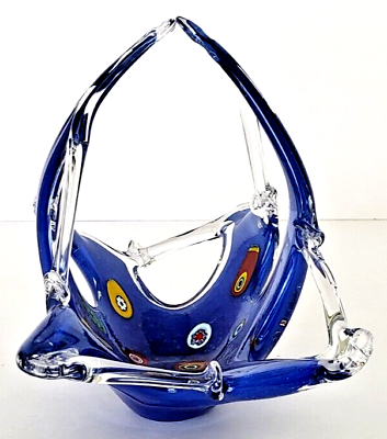 #ad Lavorazione Murano Blue Millefiori Art Glass Basket Centerpiece Bowl Candy Dish $32.95