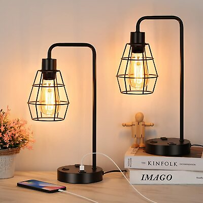 #ad Industrial Table Lamp Vintage Nightstand Bedside Lamps Set of 2 w Dual USB Port $37.89