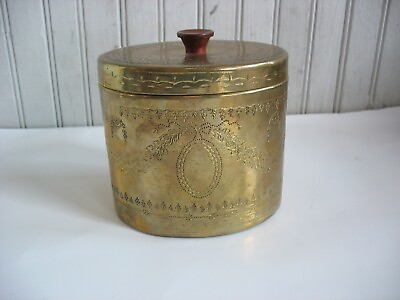 #ad Vintage Nora Fenton ? Brass Covered Stash Box Canister Tea Caddy w Lid wood knob $39.00