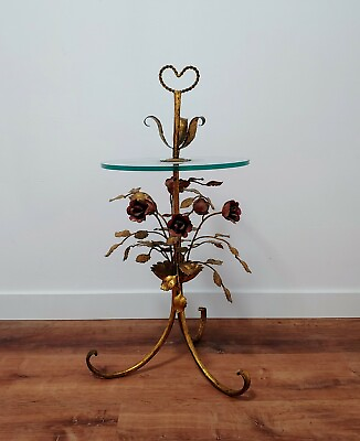 #ad Vintage Italian Gold Gilt Tole Metal Floral Rose Flowers Heart Leaves Table MCM $275.00