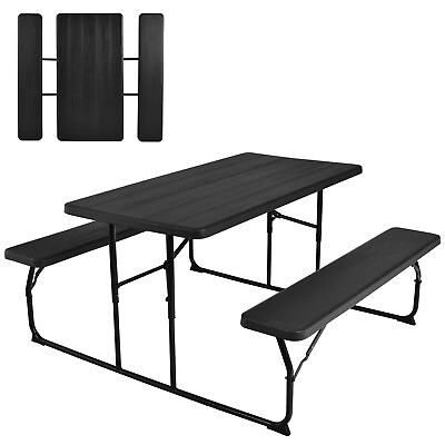 #ad Indoor amp; Outdoor Folding Picnic Table Bench Set w Wood like Texture Black $118.24