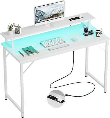 #ad 47quot; Computer Desk Power Outlets LED Lights Monitor Shelf Modern Writing Tabl $155.99