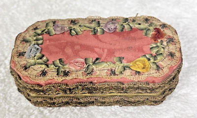 #ad Antique Silk Rose Compact w 2 Puffs Pink w Gold Metal Trim $95.00