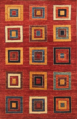 #ad 3x5 Red Modern Gabbeh Afghan Hand Knotted Abstract Check Rug $399.00