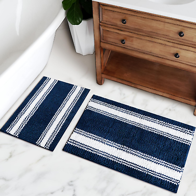 #ad Bathroom Rugs Sets 2 Piece White and Navy Blue Bathroom Rugs Non Slip Washable $31.23