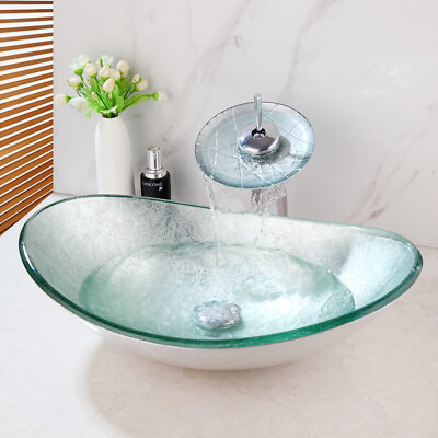 #ad Art Silver Oval Bathroom Glass Vessel Basin Combo Waterfall Sink Faucet Drain $129.00
