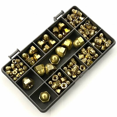 #ad 120 ASSORTED PIECE SOLID BRASS M4 M5 M6 M8 M10 DOME ACORN DECORATIVE NUTS KIT GBP 25.49