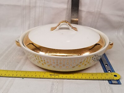 #ad Vintage Hall China Flare Ware Gold Lace Atomic Starburst Casserole Dish w Cover $109.96