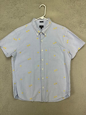 #ad J.Crew Shirt Adult XL Oxford Blue Fish Embroidered Button Up Short Sleeve Mens $21.85