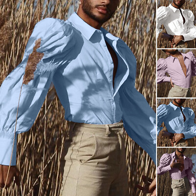 #ad Fashion Mens Buttons Open Puff Sleeve Tops V Neck Casual Solid Shirt Blouse Plus $20.97