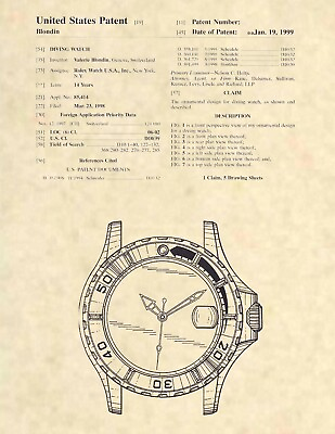 #ad Rolex Diving Watch Official US Patent Art Print Vintage Rolex Antique Rolex 845 $12.77