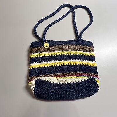 #ad Lina Handbag Purse Hobo Bag Shoulder Strap Crochet Pockets Zipper Logo Stripe $39.24
