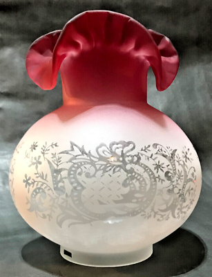 #ad New 4quot; Fitter Etched Filigree Cranberry Tint Glass Gas Lamp Shade w Crimped Top $147.62