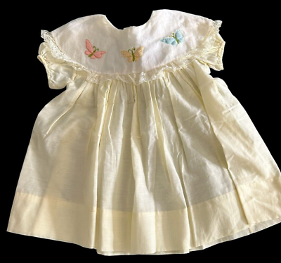 #ad Vintage NANNETTE Pale Yellow Embroidered Butterflies Sheer Baby Dress Lace USA $25.00